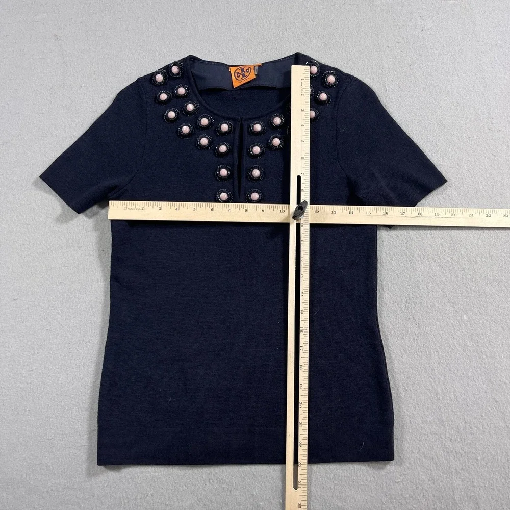 Tory Burch Top Women XS Navy Merino Wool Embellished‎ Short Sleeve Casual Luxury